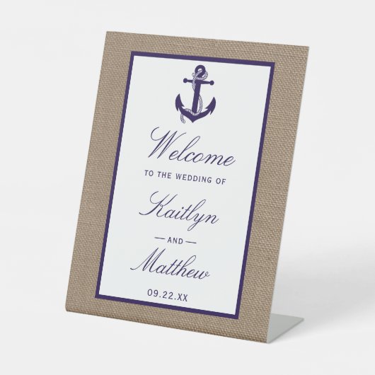 Die Hochzeitskollektion der Marine auf Burlap Beac Sockelschild (Vorderseite)