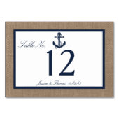 Die Hochzeitskollektion der Marine auf Burlap Beac Tischnummer (Vorderseite)
