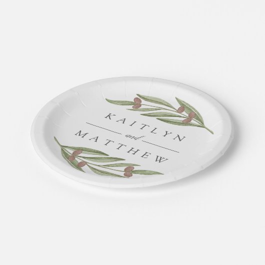 Die Hochzeitskollektion der Olivenzweige Pappteller (Schrägansicht)