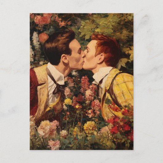 Die homosexuellen Männer küssen in einem Blumengar Postkarte (Vorderseite)