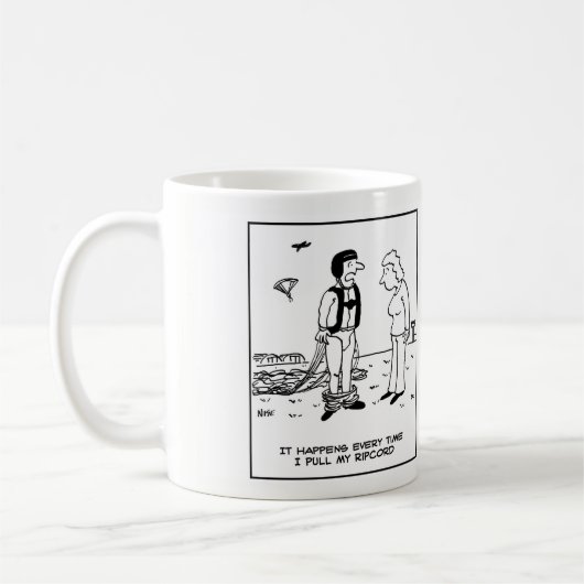 Die Hosen des Parachutisten fallen ab. Skydiver Kaffeetasse (Links)