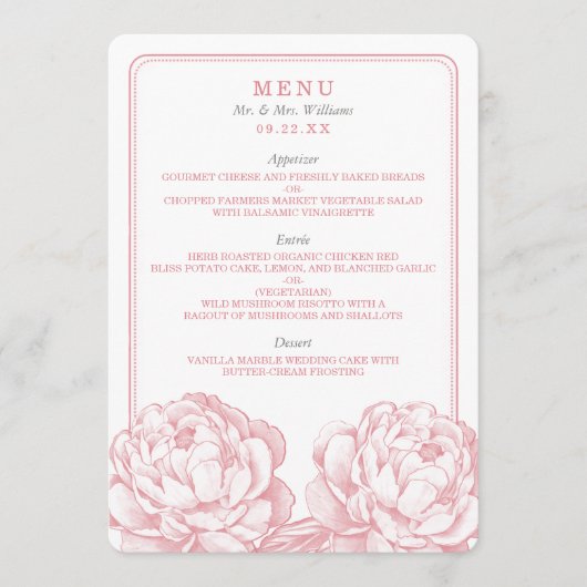 Die Hübsche Hochzeitskollektion der Peony Floral Menükarte (Vorderseite)