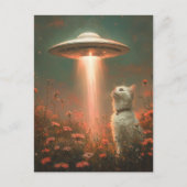 Die Hübsche weiße Katze und das UFO Postkarte (Vorderseite)