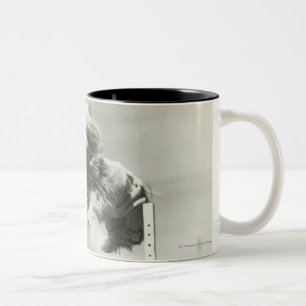 Die Hunde springend über MiniaturBar des hohen Zweifarbige Tasse