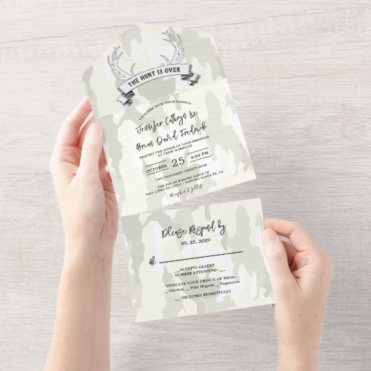 "Die Jagd ist vorbei" Rustikale Camouflage Einladu All In One Einladung (Abreißen)