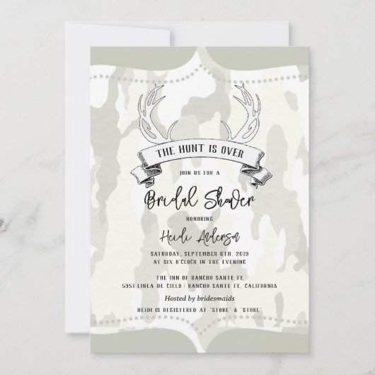"Die Jagd ist vorbei" Rustikales Brautparty Camouf Einladung (Vorderseite)