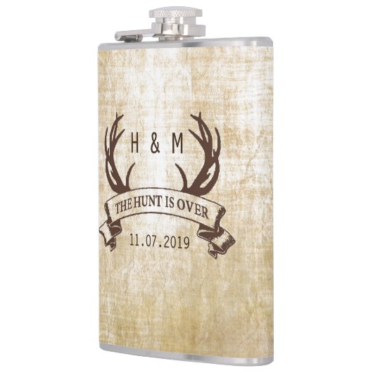 "Die Jagd ist vorbei" rustikales Hochzeitsgeschenk Flachmann (Links)