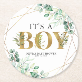 Die Junge Grüne Eukalyptus Gold Baby Dusche Runder Pappuntersetzer