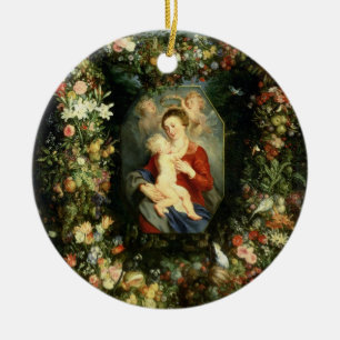 Die Jungfrau und das Kind in einer Girlande der Keramikornament