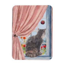 Die Katze an den Landschaftlichen Blume des Fenste Magnet