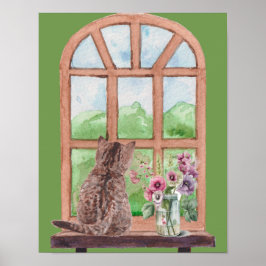 Die Katze an den Landschaftlichen Blume des Fenste Poster