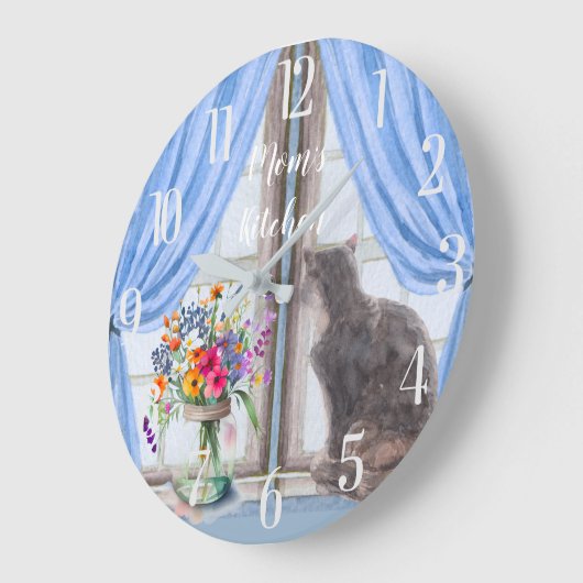 Die Katze an den Window Vase-Blume Große Wanduhr (Winkel)