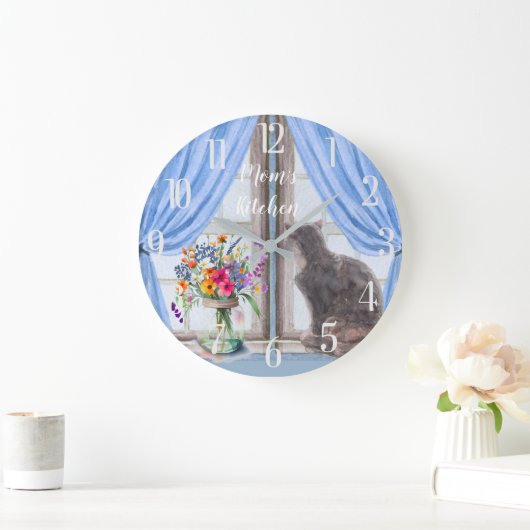 Die Katze an den Window Vase-Blume Große Wanduhr (Zuhause)