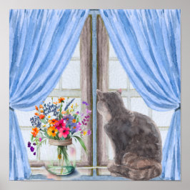 Die Katze an den Window Vase-Blume Poster