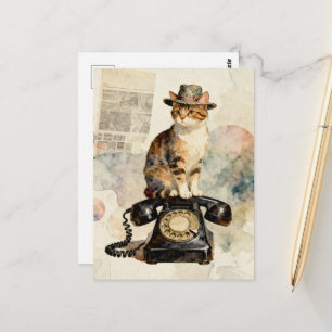 Die Katze auf dem Vintage-Telefon Postkarte