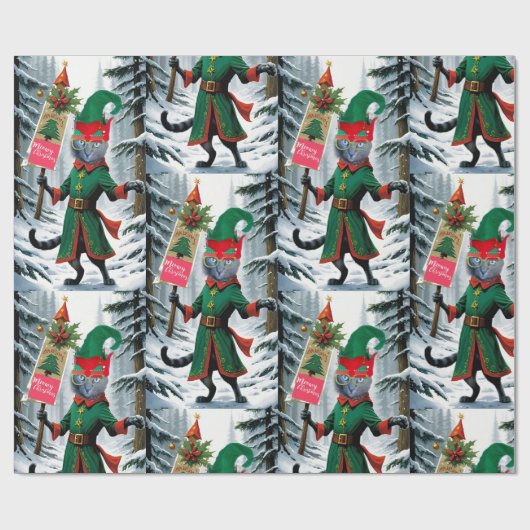 Die Katze Wald Elf frohe Weihnachtsfeier Geschenkpapier (Flach)