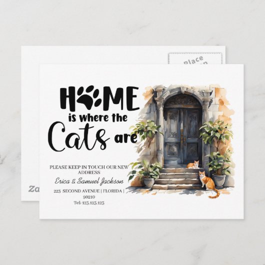 Die Katzen sind umgezogen! Ankündigungspostkarte (Vorne/Hinten)