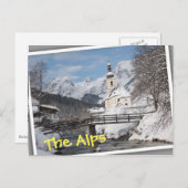 Die Kirche im Schnee mit den Alpen im Winter Postkarte (Vorne/Hinten)