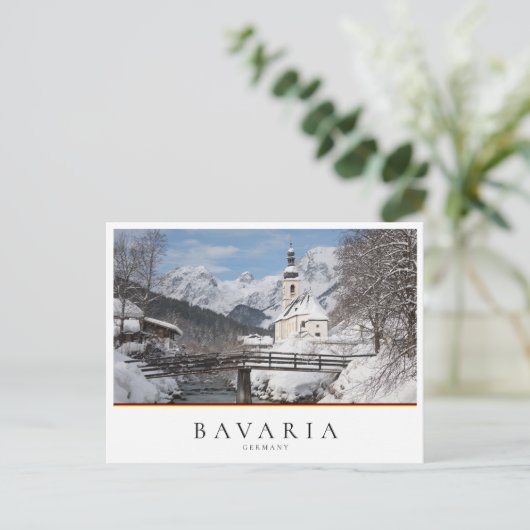 Die Kirche im Schnee mit den Alpen im Winter Postkarte (Stehend Vorderseite)