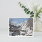 Die Kirche im Schnee mit den Alpen im Winter Postkarte (Stehend Vorderseite)
