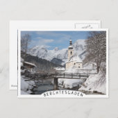 Die Kirche im Schnee mit den Alpen im Winter Postkarte (Vorne/Hinten)