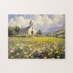 Die Kirche ist von Wildblumen umgeben Puzzle