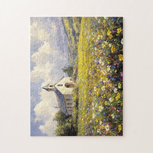 Die Kirche ist von Wildblumen umgeben Puzzle (Vertikal)