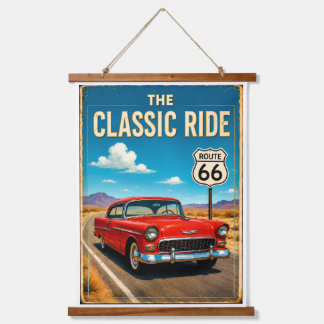 Die klassische Fahrt – Route 66 Vintage-Autowandku Wandteppich Mit Holzrahmen