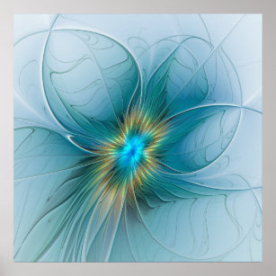 Die kleine Beauty Modern Blue Gold Fraktal Blume Poster