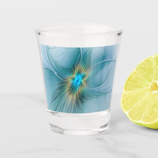 Die kleine Beauty Modern Blue Gold Fraktal Blume Schnapsglas (Vorderseite)