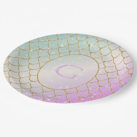 Die kleine Meerjungfrau. Goldene Waage auf rosa, t Pappteller (Schrägansicht)