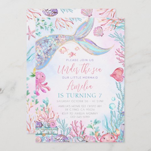 Die kleine Meerjungfrau unter dem Meer zum Geburts Einladung (Vorne/Hinten)