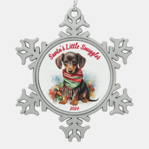 Die kleine Snuggler-Dackel des Weihnachtsmanns: Aq Schneeflocken Zinn-Ornament