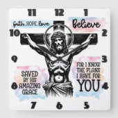 Die komplizierte Darstellung Jesu auf dem Kreuz Quadratische Wanduhr (Vorderseite)