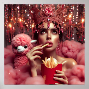 Die Königin in Krone mit Pommes frites und Alpaka Poster