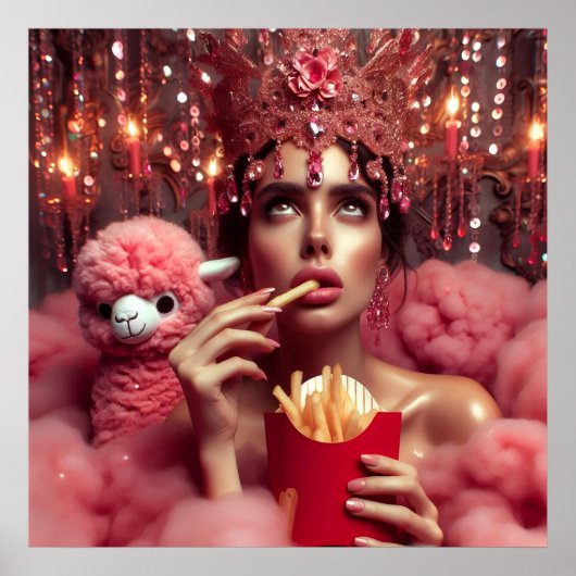 Die Königin in Krone mit Pommes frites und Alpaka Poster (Vorne)