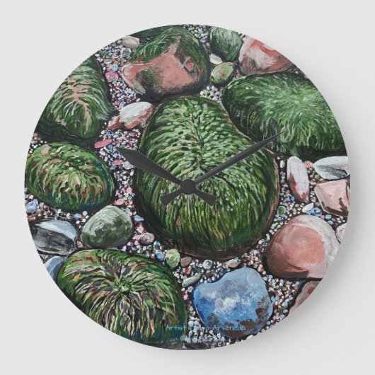 Die Landschaft des Tides Out Beach Rocks Große Wanduhr (Vorderseite)