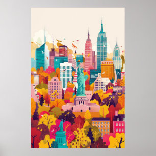Die lebendige New Yorker Skyline Flat Vector Art P Poster