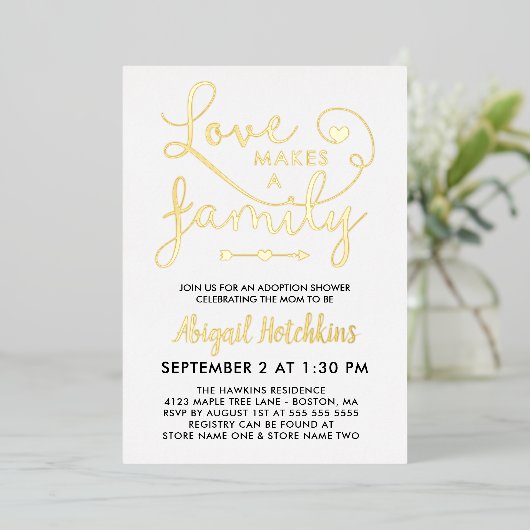 Die Liebe aus Gold Foil macht eine Familiendusche Folieneinladung (Stehend vorne)