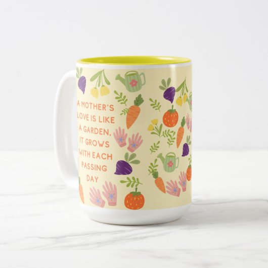 Die Liebe einer Mutter ist wie ein Garten Zweifarbige Tasse (Vorderseite Links)