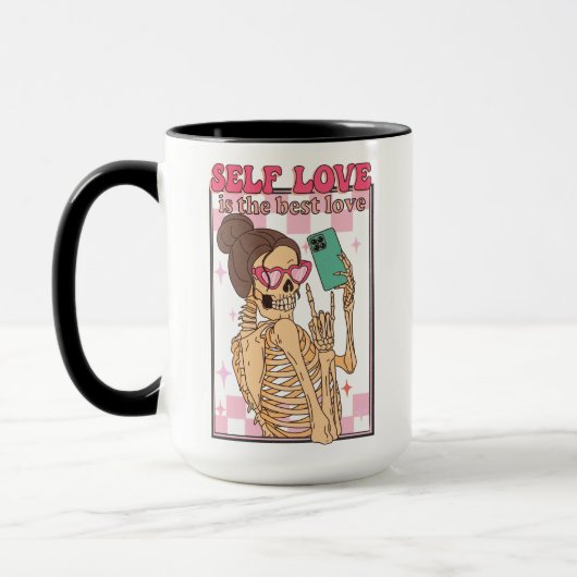 Die Liebe ist die beste Selfie Skeleton Retro Vale Tasse (Links)