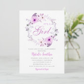 Die Lila Blütendusche mit Girl Watercolor Einladung (Stehend Vorderseite)