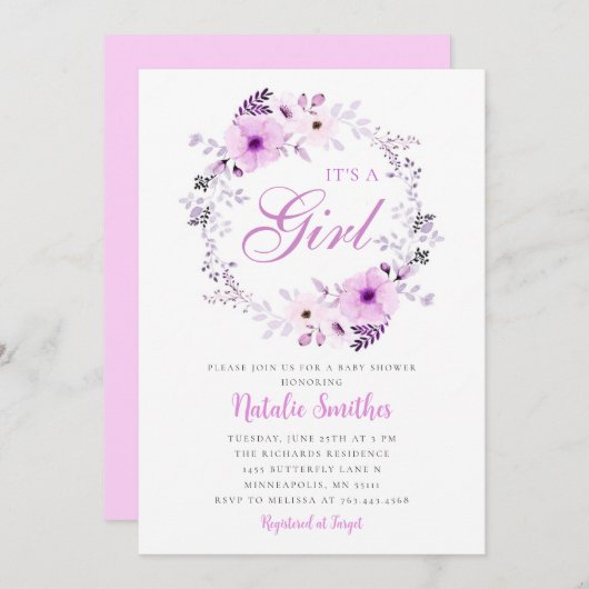 Die Lila Blütendusche mit Girl Watercolor Einladung (Vorne/Hinten)