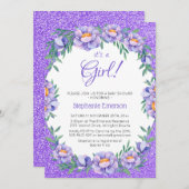 Die Lila Glitzer-Dusche für Mädchen Einladung (Vorne/Hinten)