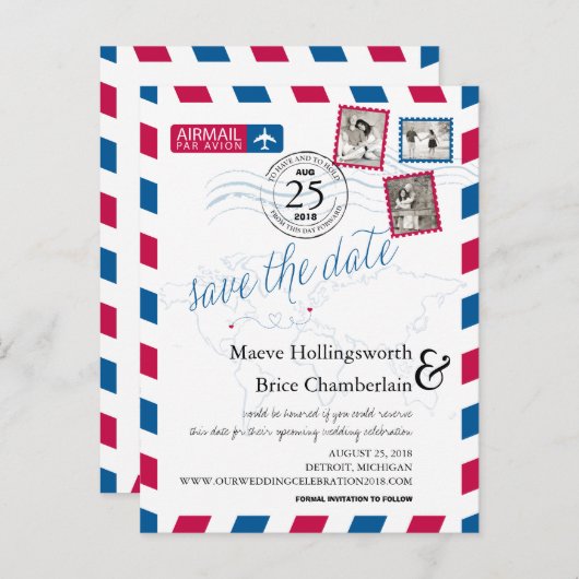 Die Luftpost der Welt Save the Date Ankündigungspostkarte (Vorne/Hinten)