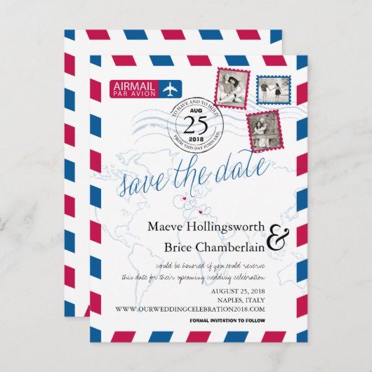 Die Luftpost der Welt Save the Date Ankündigungspostkarte (Vorne/Hinten)