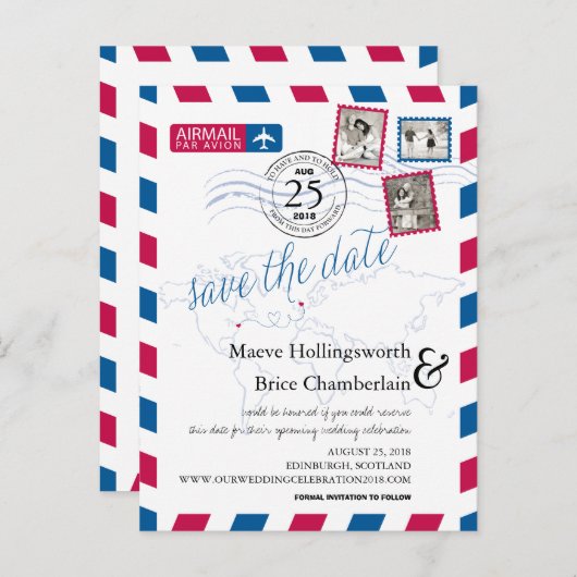 Die Luftpost der Welt Save the Date Ankündigungspostkarte (Vorne/Hinten)