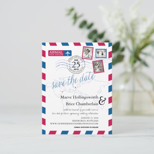 Die Luftpost der Welt Save the Date Ankündigungspostkarte (Stehend Vorderseite)