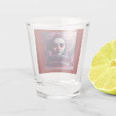 Die Maske starrt durch die Rückseite eines Sessels Schnapsglas (Rückseite)