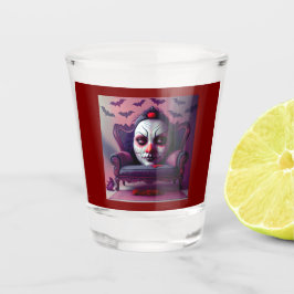 Die Maske starrt durch die Rückseite eines Sessels Schnapsglas